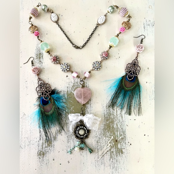 NEW!! Heart Pink Stone Necklace Peacock Earrings Set Handmade Design - Picture 1 of 15